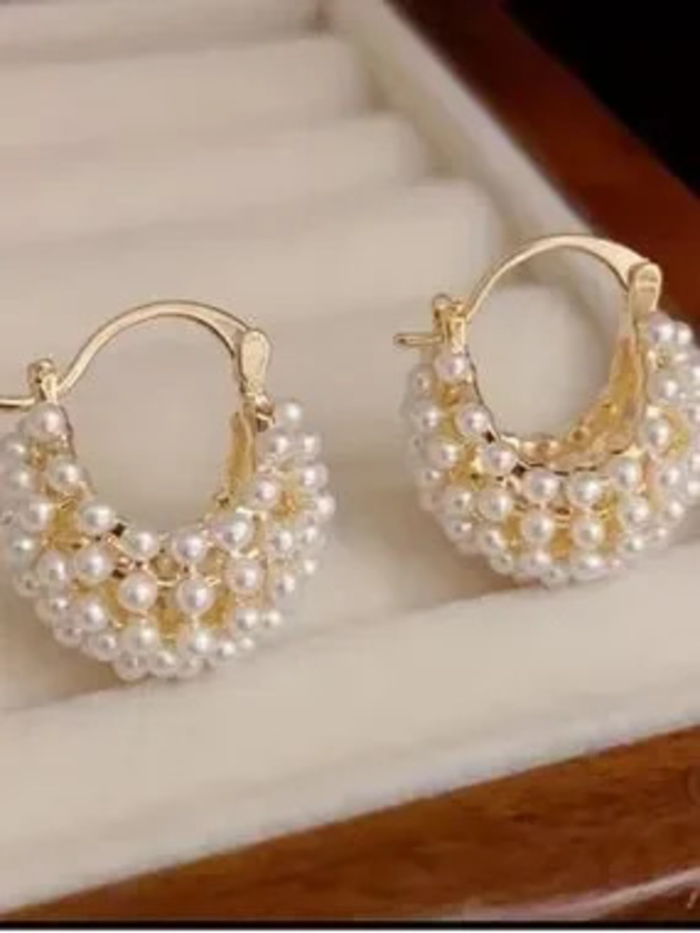 Gold and White Pearl Cluster Hoop Earrings